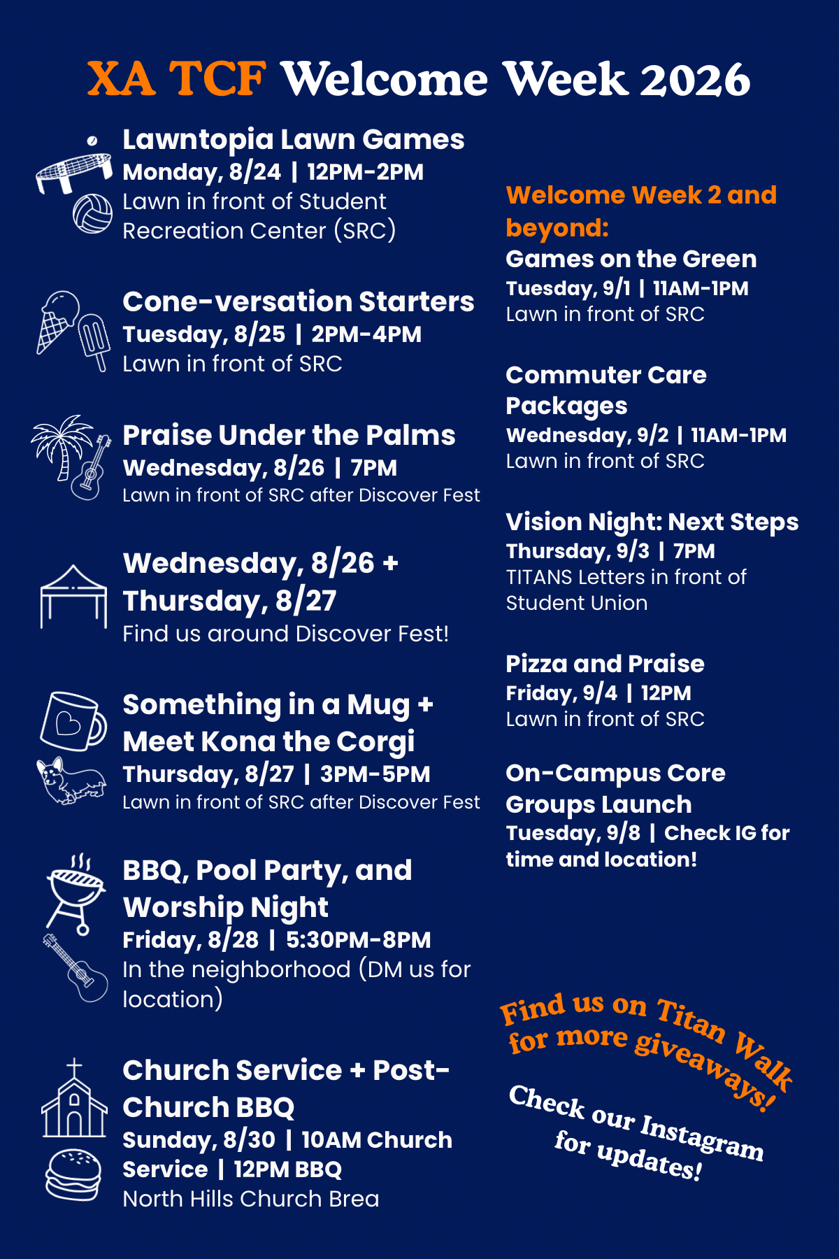 XA TCF Welcome Week 2026 schedule flyer